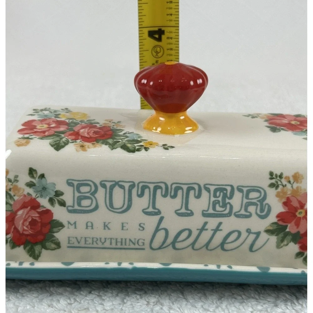 Pioneer Woman Single Stick Butter Dish Vintage Floral Stoneware Teal Red Ivory